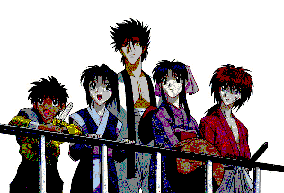 Kenshingumi: Yahiko, Misao, Sanosuke; Kaoru y Kenshin.