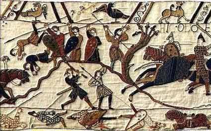 Fyrdsmen caught at the base of the ridge defend themselves from Norman cavalry