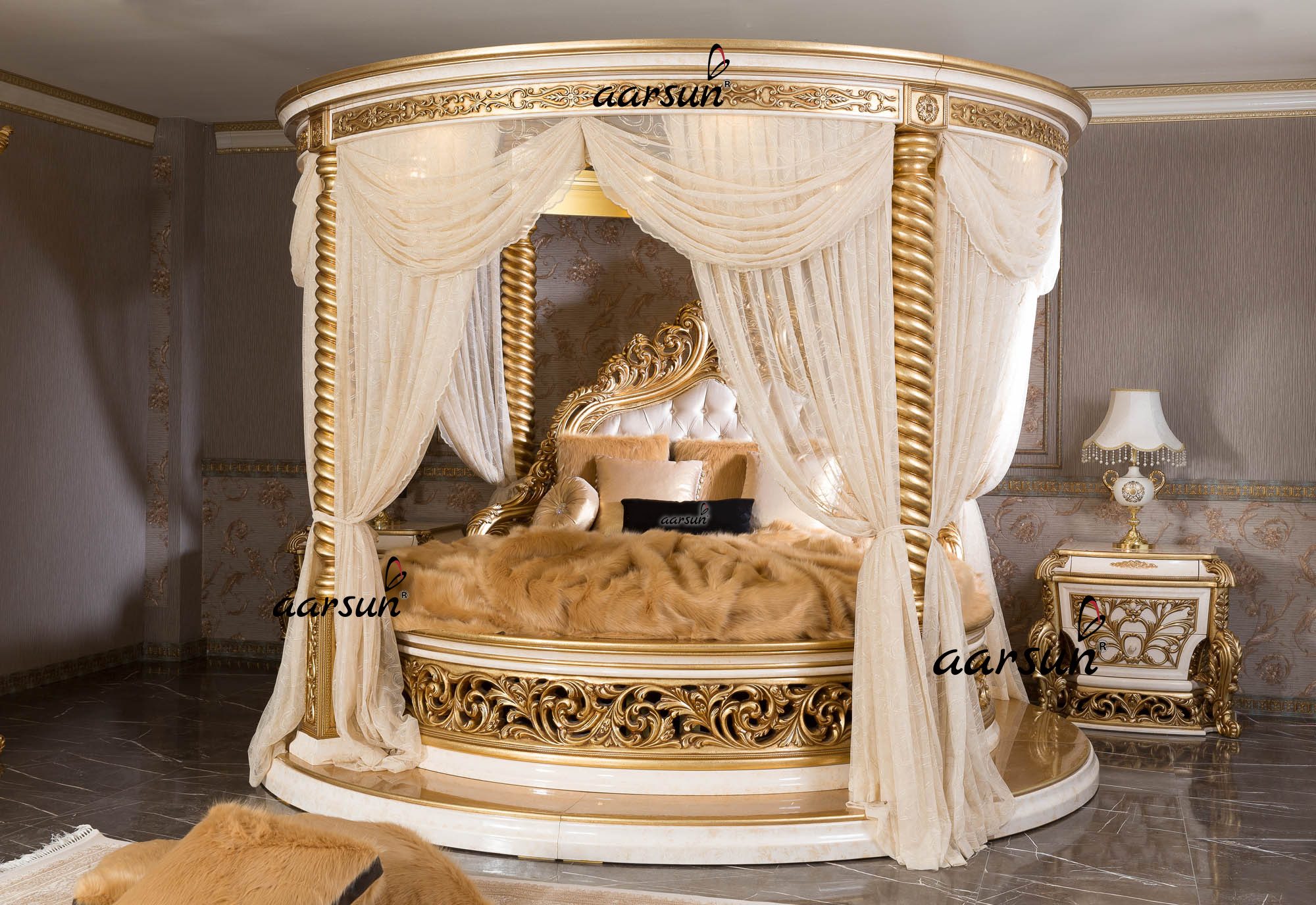 Aarsun Round Bed with White and Gold Polish NT-001