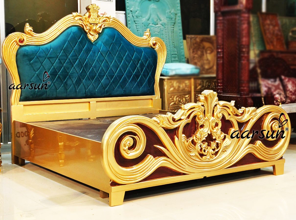 Royal Teak Wood Bed in Gold Polish view 3