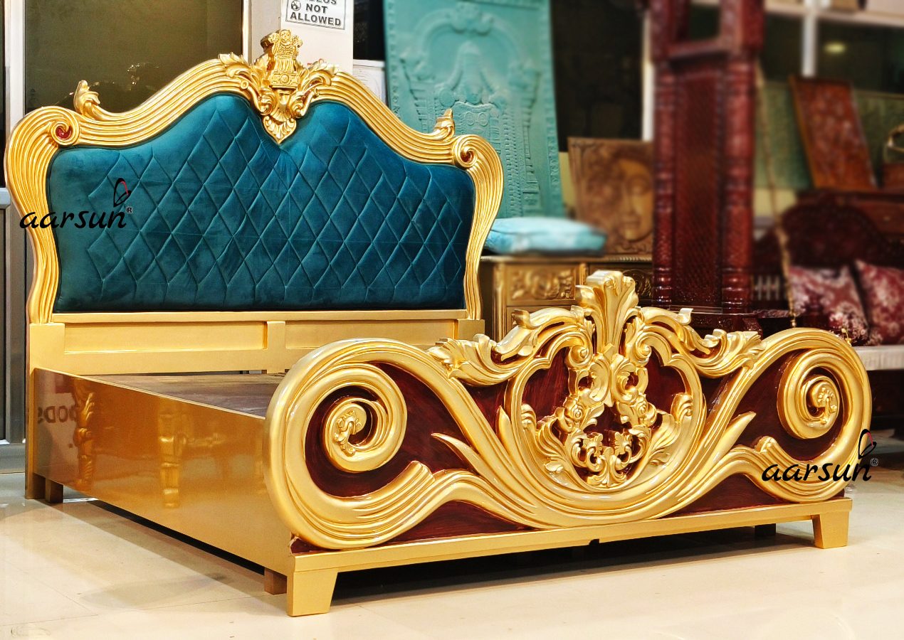 Royal Teak Wood Bed in Gold Polish view 4