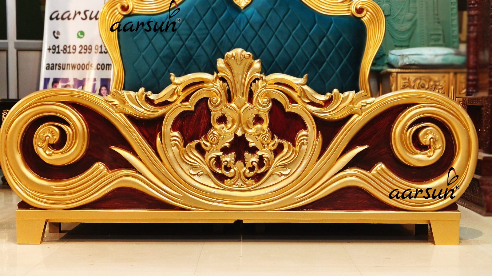 Royal Teak Wood Bed in Gold Polish view 5