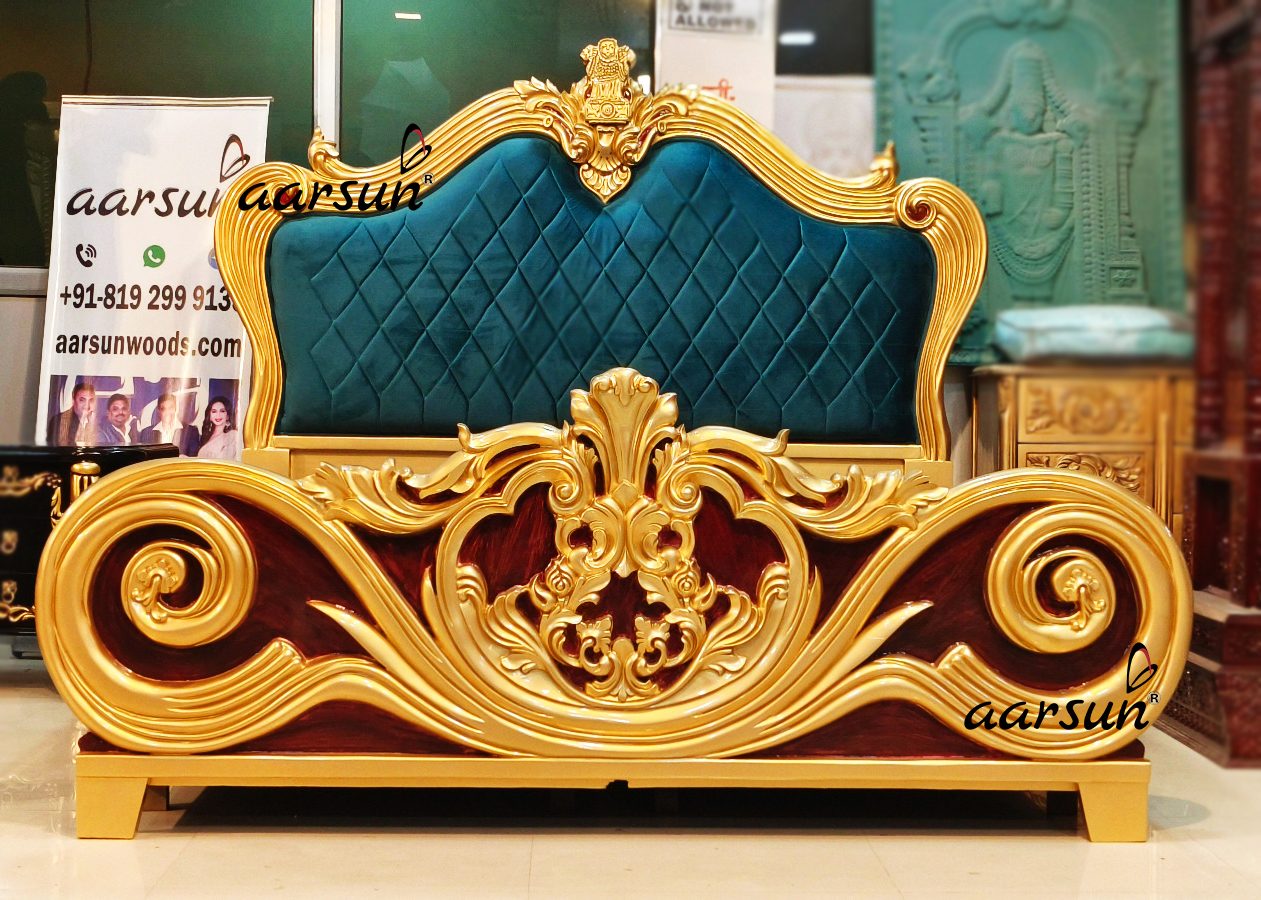 Royal Teak Wood Bed in Gold Polish