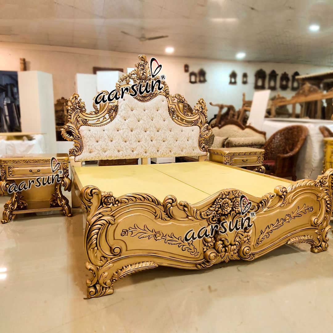 Solid Wood Carved Golden Bed view 4