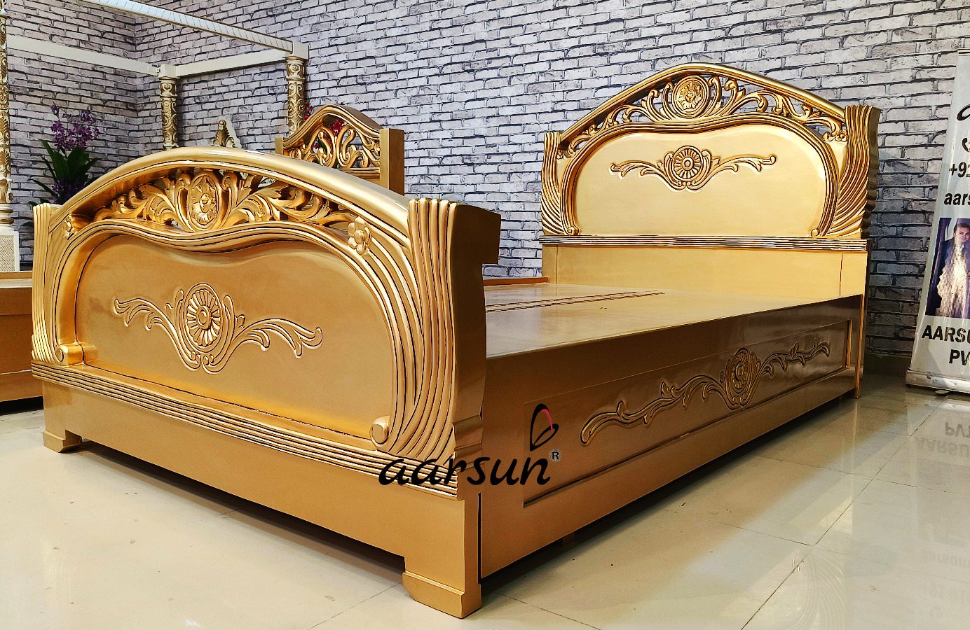 Three wooden bed set in gold polish NT-028 view 4