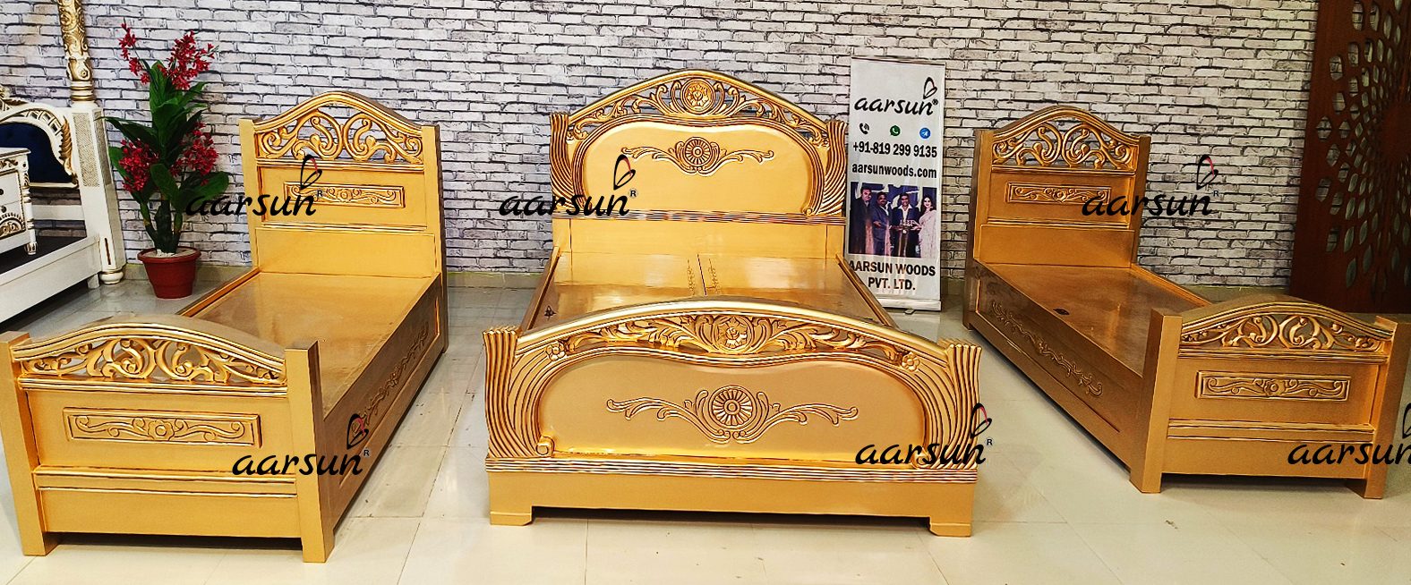 Three wooden bed set in gold polish NT-028 view 5