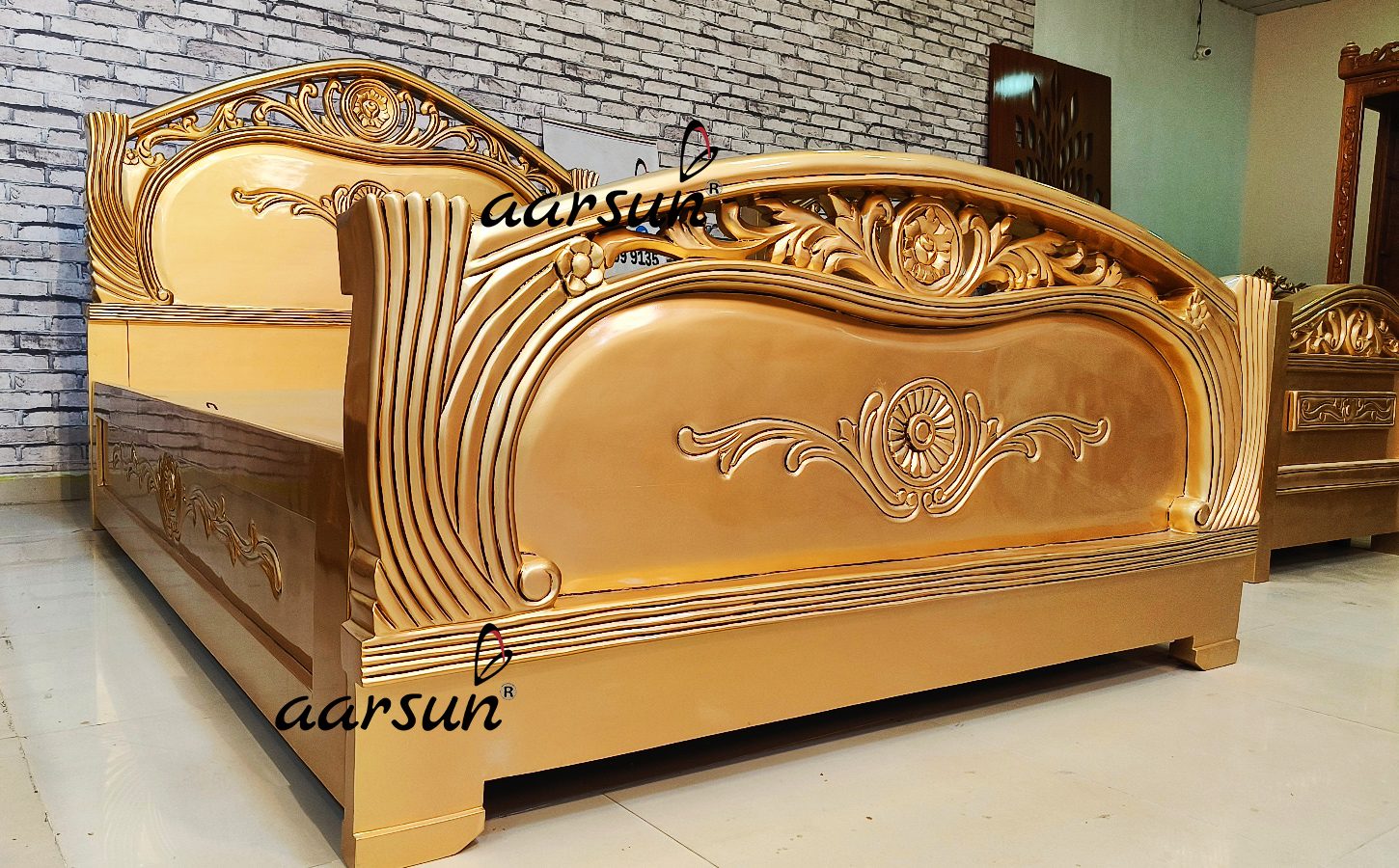 Three wooden bed set in gold polish NT-028 view 6