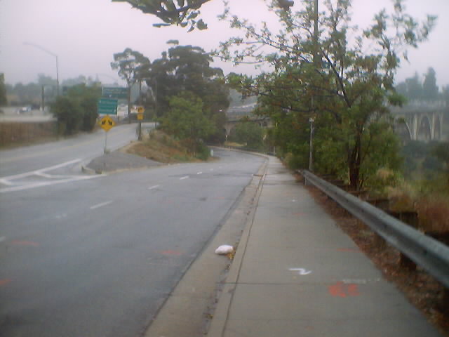 Route 159, portion (b), started here at the approach to the Colorado Bridge, eastbound on Colorado Boulevard at San Rafael Avenue.  The route ganged right and traveled under the bridge.
