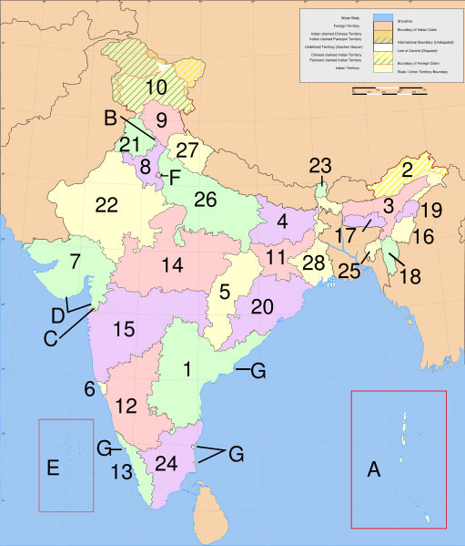 Mapo de Barato kun la 
  Gubernioj kaj la Asociaj teritorioj; bildo danke al 
http://en.wikipedia.org/wiki/Image:India-states-numbered.svg