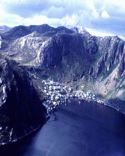 Aerial view of Grey River, backed by hills that rise to 1,000 feet