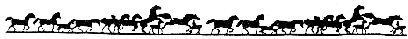 A small silhouette of a line of horses galloping