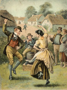 Cartoon graphic of a man and woman dancing the Irish jig. 