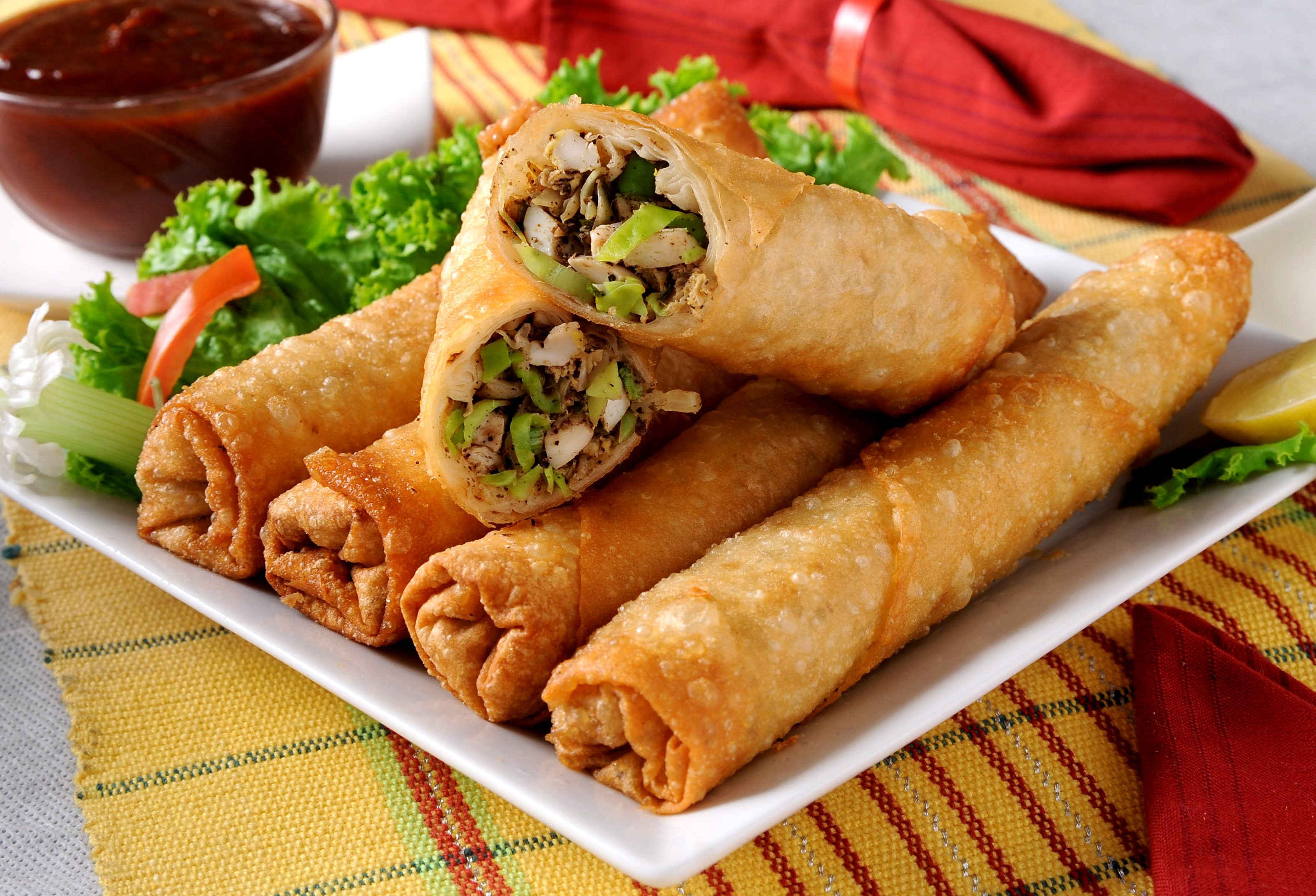 A plate of fried spring rolls.