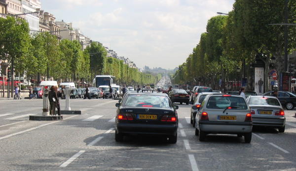 The Champs D'Elysees during normal traffic times.