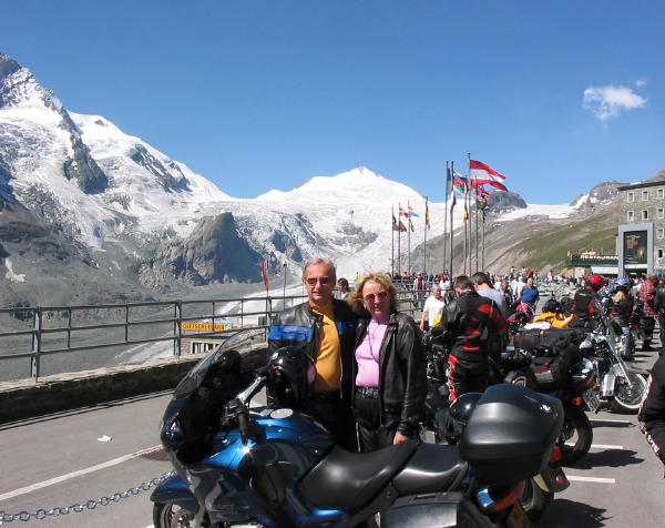 Sandra and I in the motrcycle parking lot with 250 other bikers at the Top