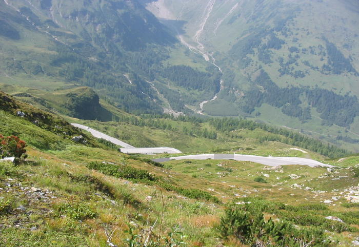 The stacked switchbacks as you come up the Grossglockner. Note the depth of the valley floor.