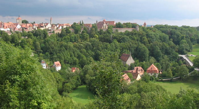A scene of the Imperial City of Rothenburg in the German countryside
