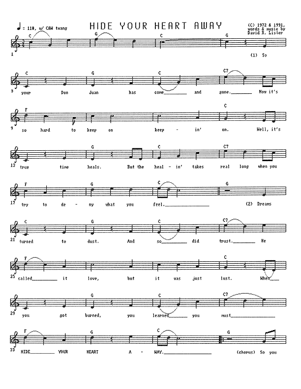 Hide Your Heart Away - Lead Sheet, Page 1 of 2: So your Don Juan has come and gone. Now it's so hard to keep on keepin' on. Well, it's true time heals. But the healin' takes real long when you try to deny what you feel. Dreams turned to dust, and so did trust. He called it love, but it was just lust. When you go burned, you learned you must hide your heart away.