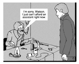 Alexander Graham Bell is sitting at his desk. A young man stands in front of the desk, opposite Mr. Bell. Bell says, ''I'm sorry, Watson. I just can't afford an assistant right now.''