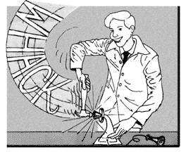 Watson has picked up a hammer from the desktop and now strikes Bell's prototype telephone with a forceful WHACK!