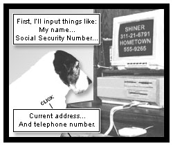 Shiner begins typing data into the database. She says, ''First, I'll input things like: My name... Social Security Number... current address... and telephone number.''