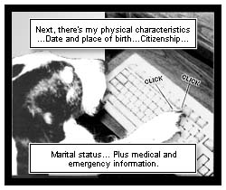 Shiner continues typing on the keyboard. Click, click, clickety-click. She says, ''Next, there's my physical characteristics... date and place of birth... citizenship... marital status... plus medical and emergency information.''