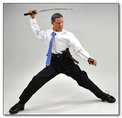 While I'm certainly very glad to have voted for the man, thoughts of Barack Obama do not make me (as) horny as they seem to do for you. And that's okay. I'm not criticizing you, you-thoroughly-disgusting-pervert you. But I ran across this picture of a new poseable action figure (made in Asia, of course), and I imagined that you might like it � both for it's virile Obama-ness and its ironic white-collar butchness. So there!