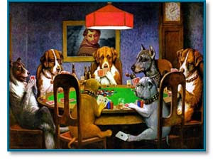 ''A Friend in Need'' from the famous/infamous series of ''Dogs Playing Poker'' paintings by Cassius Marcellus Coolidge who, besides painting such kitsch icons, had also been a druggist, sign painter, founder of a bank, founder of a newspaper, and inventor of those ''cut-out'' plywood panels with the figures painted on front and into which one inserts his or her face to have a picture taken. Hotcha!