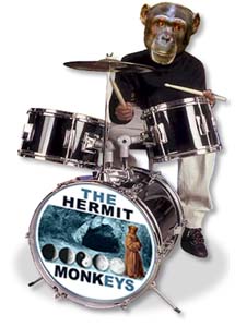 Barry ''Bongo'' Buckingham, drummer for The Hermit Monkeys (Note: Photo was taken in the Spring of 2001, just one week before Bongo entered rehab, where he remained for 16 months while trying [albeit ever unsuccessfully] to kick his bizarre addiction to smoking banana peels while also listening, quite rightly, to Donovan's 1960s hit ''Mellow Yellow'' over and over and over and....) The Hermit Monkeys band disbanded in the fateful Fall of 2004, after Bongo Buckingham died in a fatal fall from slipping, quite ironically, on a carelessly misplaced banana peel. And so it goes.