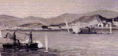 El Hu�scar, con bandera chilena, enfrenta al viejo Monitor fluvial peruano Manco C�pac, en el puerto peruano de Arica, el 27 de Febrero de 1880, el Manco C�pac venci� al buque manejado, sin pericia marinera, por los chilenos