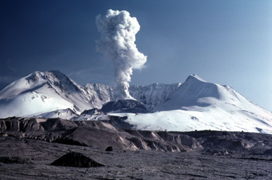 Photo of ash and gas emission from Mount St. Helens on April 16, 1983. Photo by Pat Pringle from about 3 mi north of the Lava Dome shows a 1.6 km-high column of ash and gas rising from the top of the dome. 