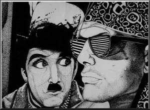 Sou vidente, e vivo presente, todos os momentos da minha vida... Desenho meu, nanquim e guache, da s�rie 'Duetos': 'Cazuza-Chaplin'