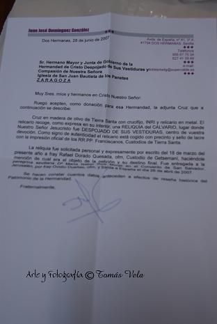 Documento de entrega de la Reliquia.