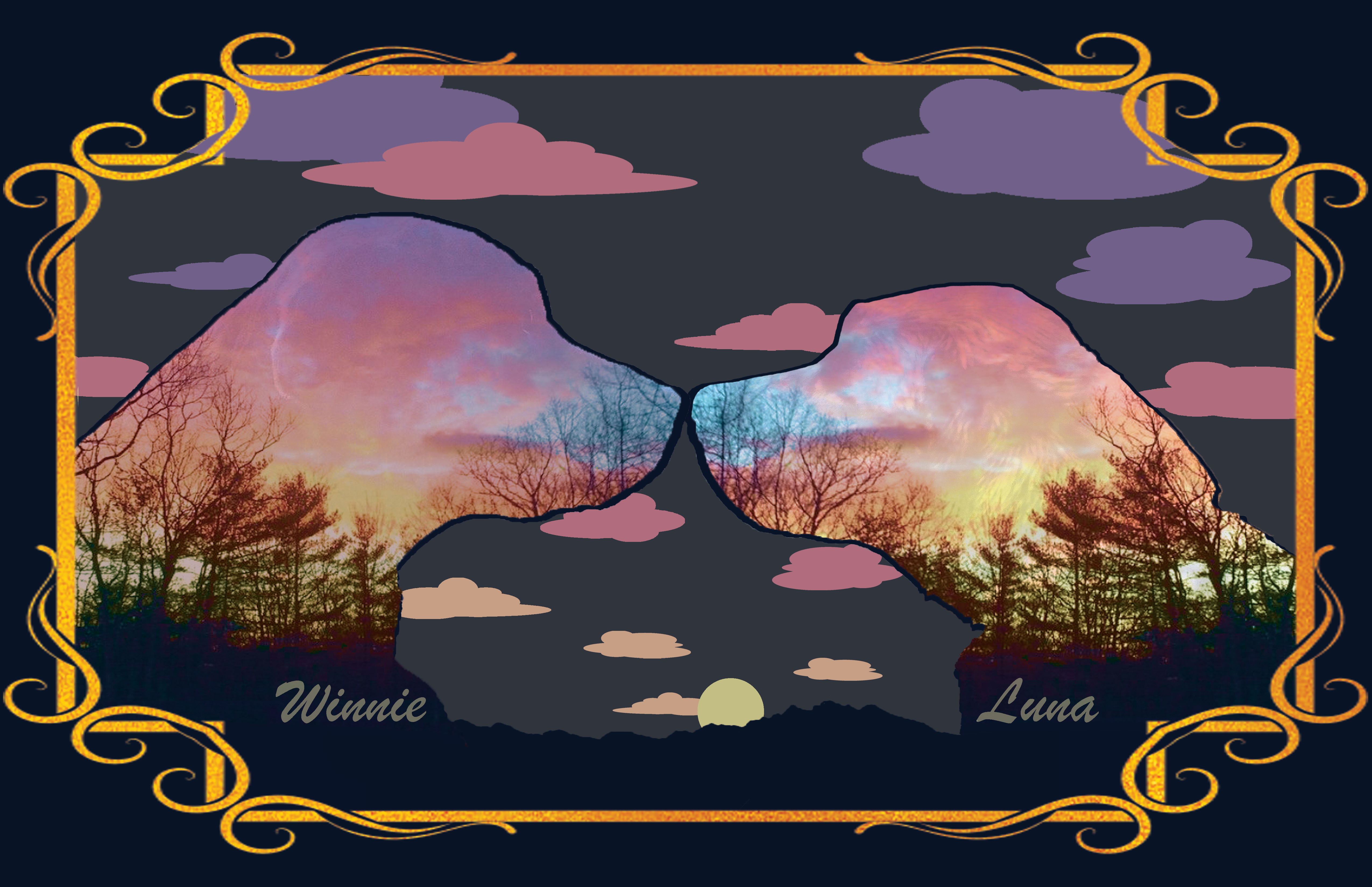Dog Silhouette. Pink, blue, yellow, purple, gold, and black.