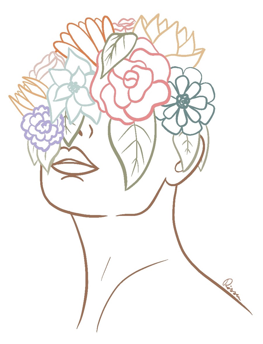 Girl flower design. Brown, pink, white, blue, yellow, orange, and green.