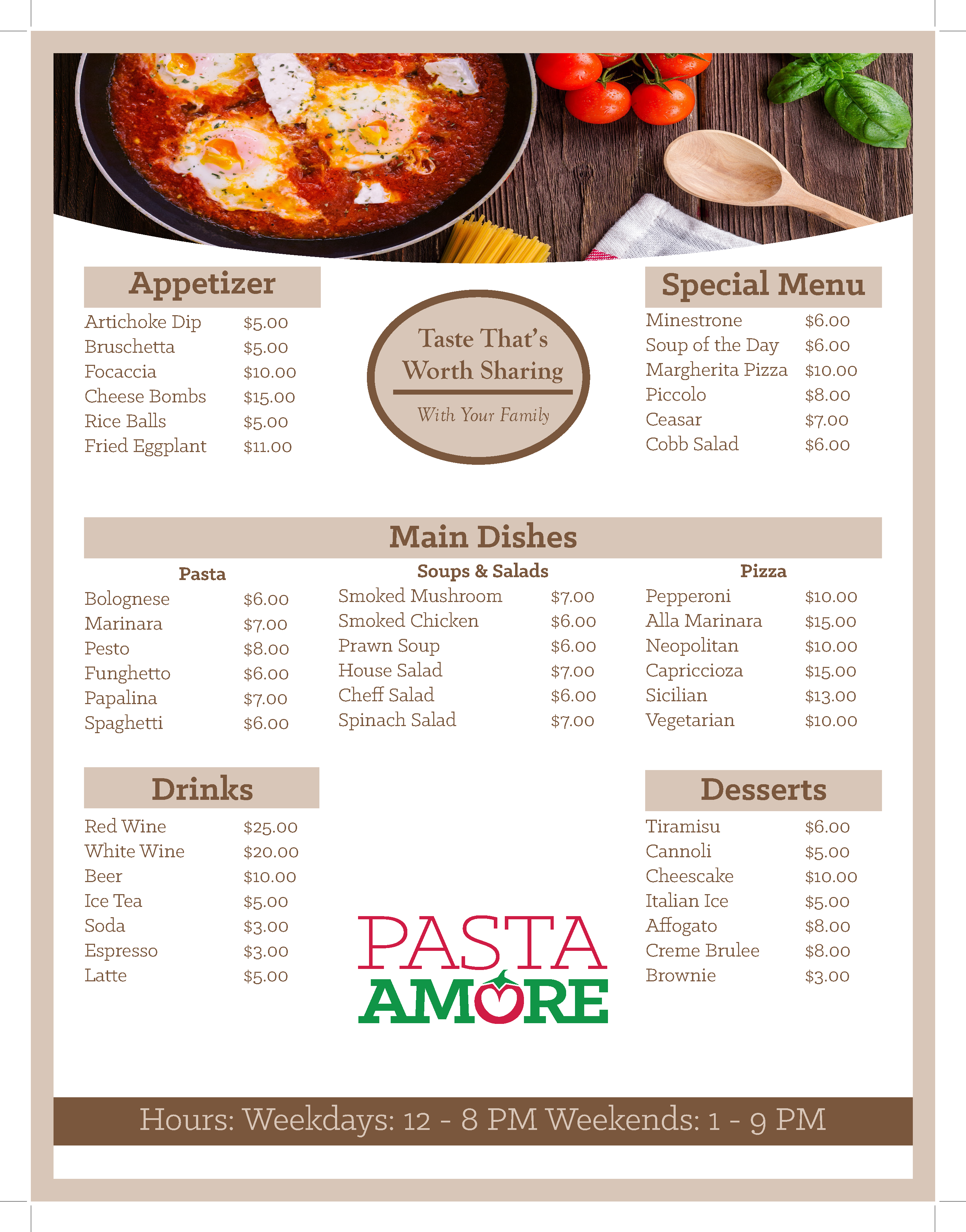 Pasta Amore Menu Design. Brown, white, red, and green.