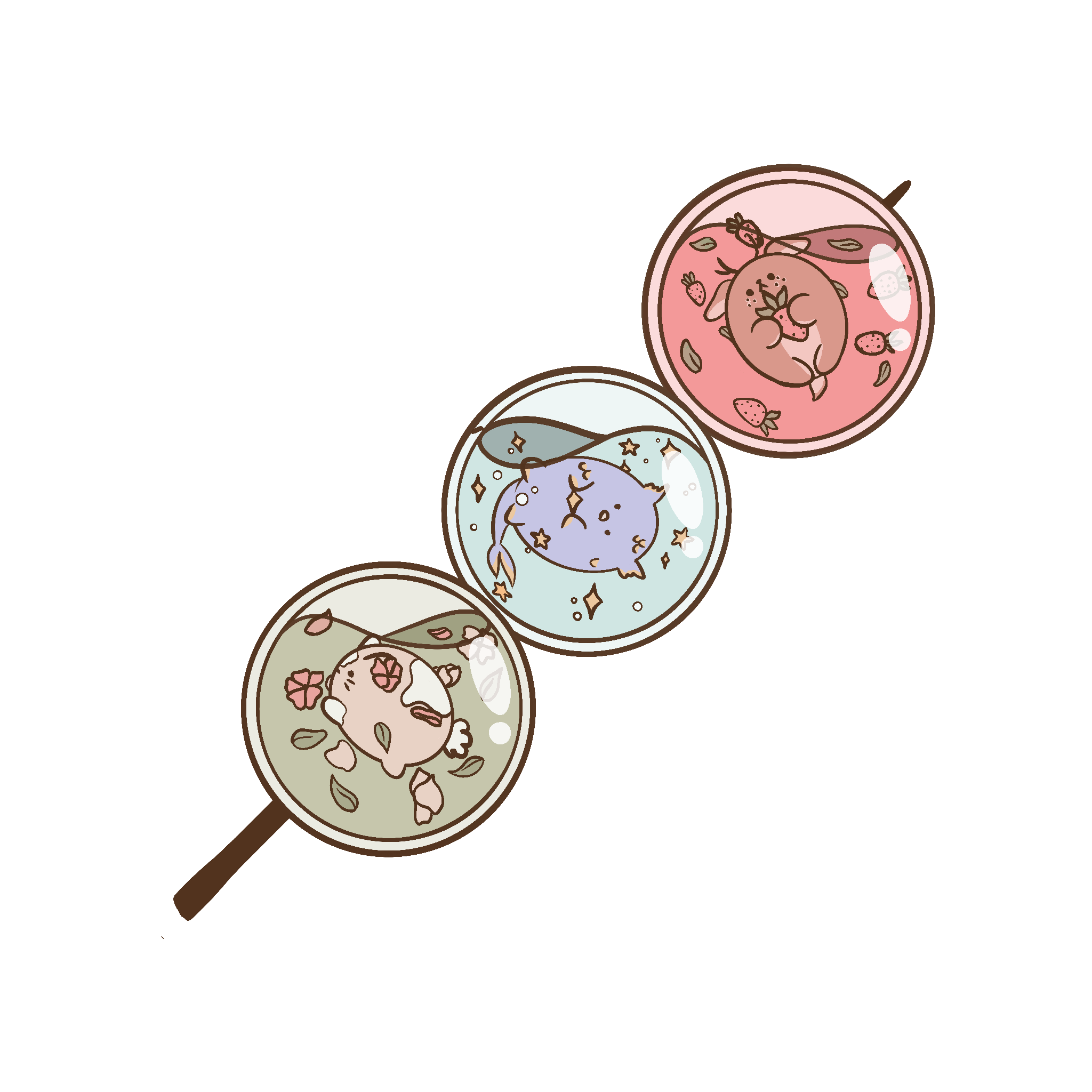 Sticker. Green, blue, pink, brown, purple, and tan.