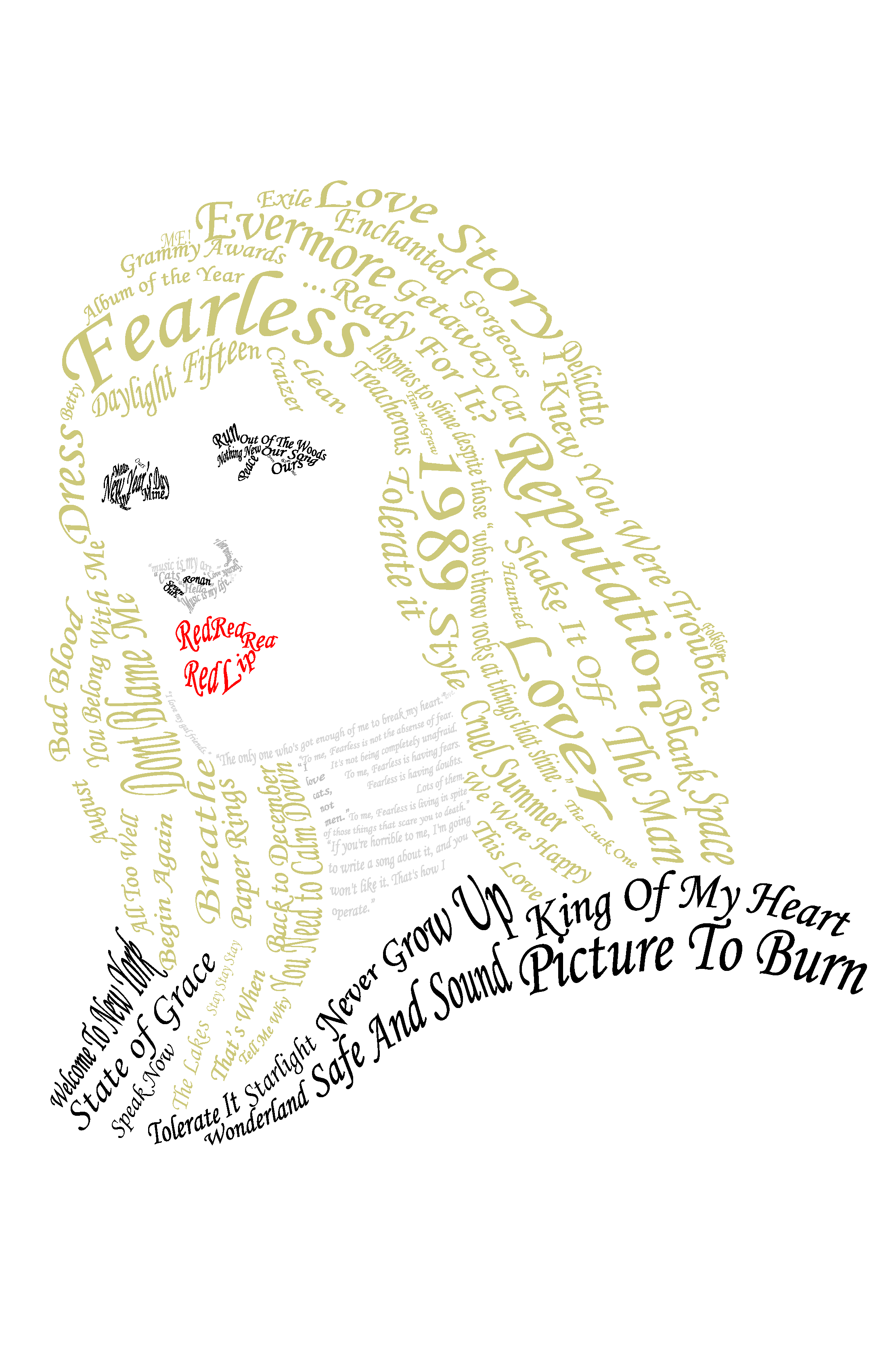 Taylor Swift Typography Project. Black, white, yellow, and red.