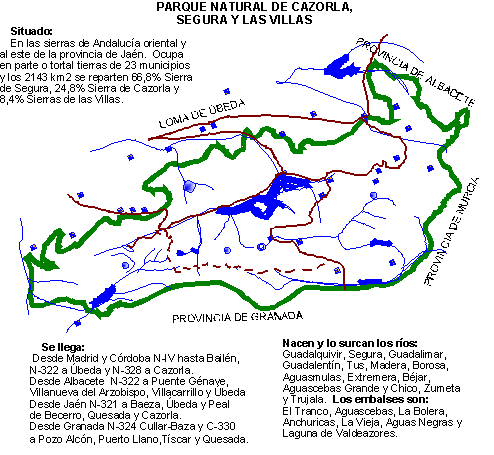 L�mites del Parque y principales carreteras, pueblos, embalses y cauces. Las mayores cumbres son: Empanadas, Caba�as, Banderillas, Gilillo, Yelmo, Calarillas y Natao.   