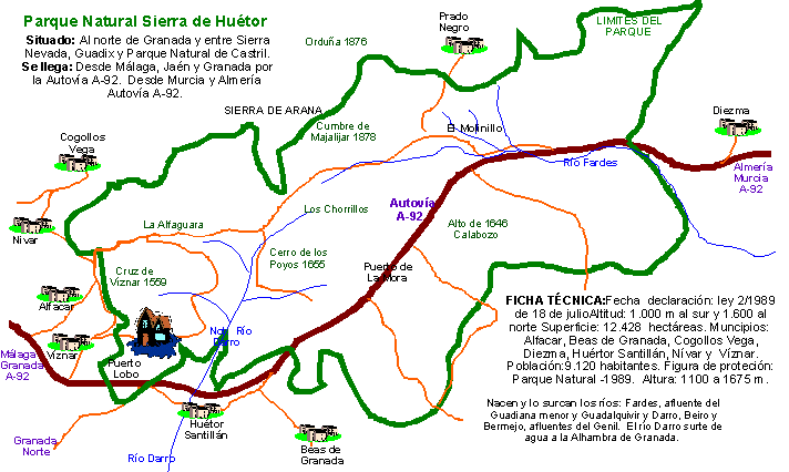 L�mites de Parque Natural, Carreteras, Pueblos y r�os. 