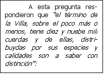 Cuadro de texto: A esta pregunta res-pondieron que el t�rmino de la Villa, sobre el poco m�s o menos, tiene diez y nuebe mill cuerdas y de ellas, distri-buydas por sus especies y calidades son a saber con distinci�n:


