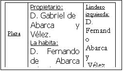 Cuadro de texto: Plaza   	Propietario:D. Gabriel de Abarca y V�lez.La habita: D. Fernando de Abarca T�rtola.	Lindero izquierda:D. Fernando Abarca y V�lez

45 varas de frente por 40 de fondo



