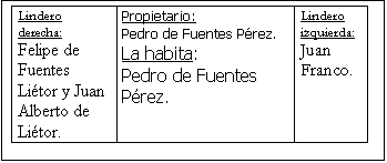 Cuadro de texto: Lindero derecha:Felipe de Fuentes Li�tor y Juan Alberto de Li�tor.	Propietario:  Pedro de Fuentes P�rez.La habita: Pedro de Fuentes P�rez.	Lindero izquierda:Juan Franco.

28 varas por 28

