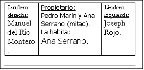 Cuadro de texto: Lindero derecha:Manuel del R�o Montero.	Propietario:Pedro Mar�n y Ana Serrano (mitad).La habita: Ana Serrano.	Lindero izquierda:Joseph Rojo.

10 varas por 22

