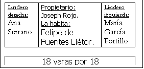Cuadro de texto: Lindero derecha:Ana Serrano.	Propietario:Joseph Rojo.La habita: Felipe de Fuentes Li�tor.	Lindero izquierda:Mar�a Garc�a Portillo.

18 varas por 18


