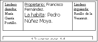 Cuadro de texto: Lindero derecha:Mara Garca Portillo.	Propietario: Francisco Fernndez.La habita: Pedro Nez Moya.	Lindero izquierda:Rasillo de la Veracruz.

12 varas por 14

