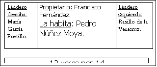 Cuadro de texto: Lindero derecha:Mar�a Garc�a Portillo.	Propietario: Francisco Fern�ndez.La habita: Pedro N��ez Moya.	Lindero izquierda:Rasillo de la Veracruz.

12 varas por 14

