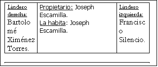 Cuadro de texto: Lindero derecha:Bartolom� Xim�nez Torres.	Propietario: Joseph Escamilla. La habita: Joseph Escamilla.	Lindero izquierda:Francisco Silencio.

14 varas por 10



