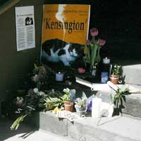 Flowers and a large photo of Kensington mark the first memorial site, April 2002.