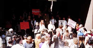A large crowd of Kensington's supporters gathers outside the courthouse awaiting the verdict, April, 2002.